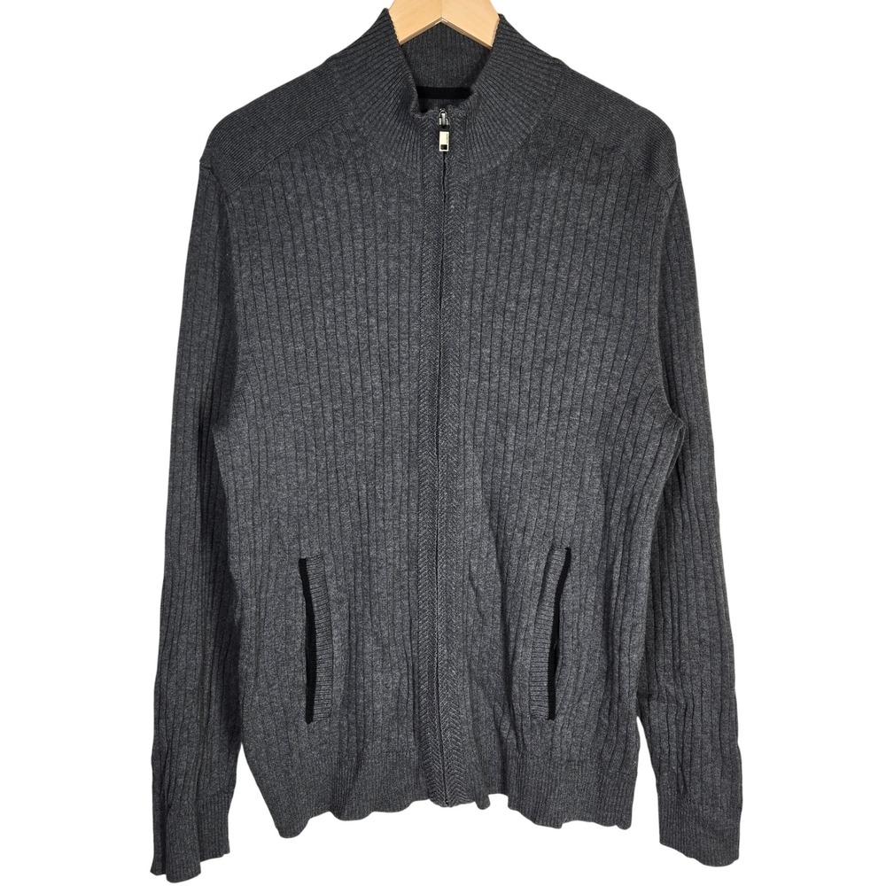 Alfani Mens Gray Ribbed Full Zip‎ Mock Neck Sweater Jacket Large 100% Cotton